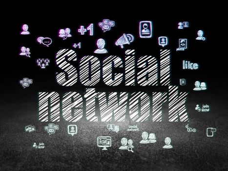 Social network concept: Glowing text Social Network,  Hand Drawn Social Network Icons in grunge dark room with Dirty Floor, black background