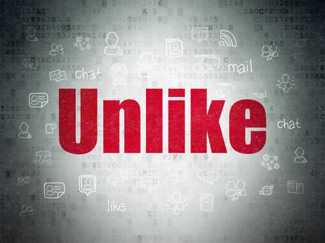 Social network concept: Painted red text Unlike on Digital Data Paper background with  Hand Drawn Social Network Icons