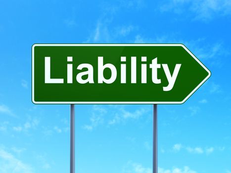 Insurance concept: Liability on green road highway sign, clear blue sky background, 3D rendering