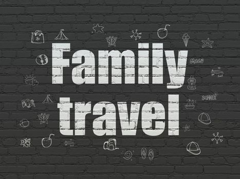 Tourism concept: Painted white text Family Travel on Black Brick wall background with  Hand Drawn Vacation Icons