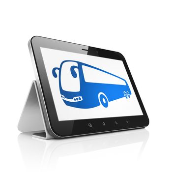 Travel concept: Tablet Computer with  blue Bus icon on display,  Tag Cloud background, 3D rendering