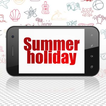 Travel concept: Smartphone with  red text Summer Holiday on display,  Hand Drawn Vacation Icons background, 3D rendering