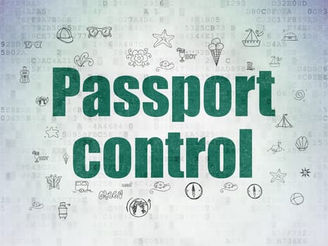 Vacation concept: Painted green text Passport Control on Digital Data Paper background with  Hand Drawn Vacation Icons