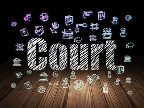 Law concept: Glowing text Court,  Hand Drawn Law Icons in grunge dark room with Wooden Floor, black background