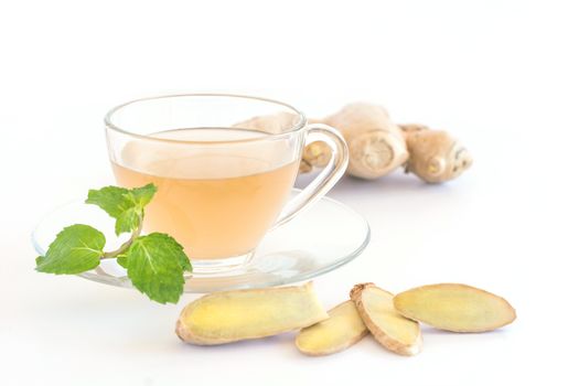 Hot Ginger tea concept on white background with copy space