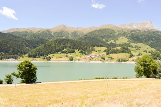 View of Lake Resia in northern Italy, in the Trentino-Alto Adige region