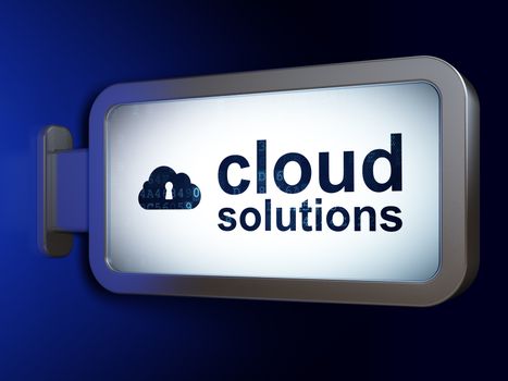 Cloud computing concept: Cloud Solutions and Cloud With Keyhole on advertising billboard background, 3D rendering