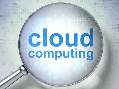Cloud networking concept: magnifying optical glass with words Cloud Computing on digital background, 3D rendering