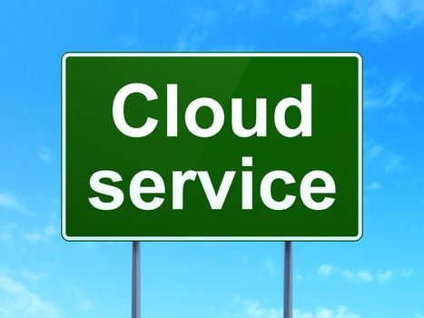 Cloud technology concept: Cloud Service on green road highway sign, clear blue sky background, 3D rendering