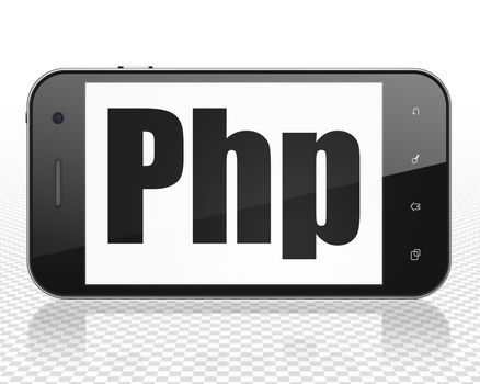 Software concept: Smartphone with black text Php on display, 3D rendering