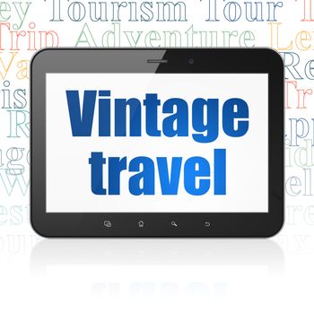 Travel concept: Tablet Computer with  blue text Vintage Travel on display,  Tag Cloud background, 3D rendering