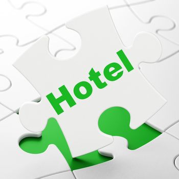 Vacation concept: Hotel on White puzzle pieces background, 3D rendering