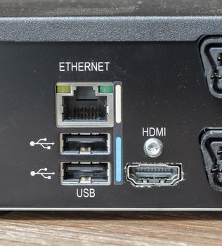 Closeup of a dirty digital multimedia box - Hdmi, scart, usb and ethernet connection