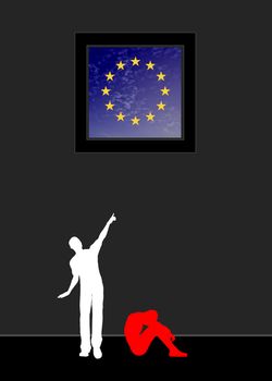 Concept sign of a desperate refugee longing for peace and liberty in the EU
