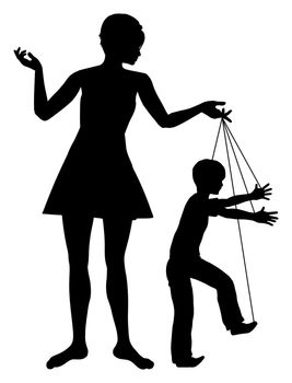 Concept sign of parent manipulating her child like a marionette