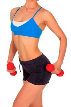 Beautiful body of a young fit slim woman lifting dumbbells isolated on white background