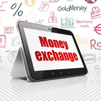 Money concept: Tablet Computer with  red text Money Exchange on display,  Hand Drawn Finance Icons background, 3D rendering