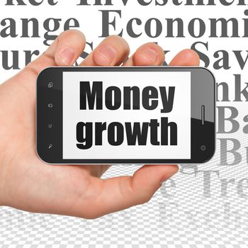 Money concept: Hand Holding Smartphone with  black text Money Growth on display,  Tag Cloud background, 3D rendering