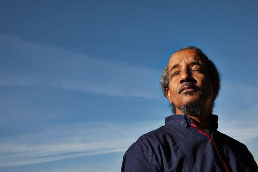 A portrait of a black rastafarian man over a blue sky gathering sun, eyes closed.