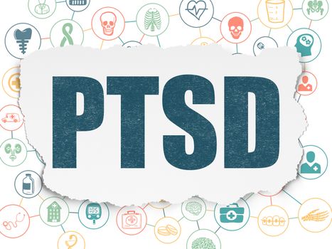 Healthcare concept: Painted blue text PTSD on Torn Paper background with Scheme Of Hand Drawn Medicine Icons