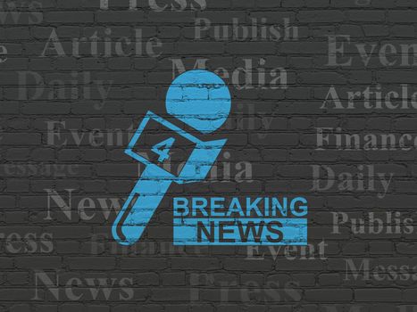 News concept: Painted blue Breaking News And Microphone icon on Black Brick wall background with  Tag Cloud