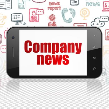 News concept: Smartphone with  red text Company News on display,  Hand Drawn News Icons background, 3D rendering