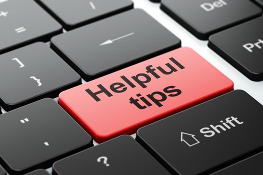 Learning concept: computer keyboard with word Helpful Tips, selected focus on enter button background, 3D rendering