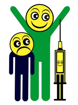 Humorous concept sign of person getting happily cured of symptoms through injection