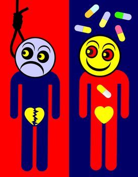 Humorous concept sign of male person suffering from reduced libido either taking pills or kill himself