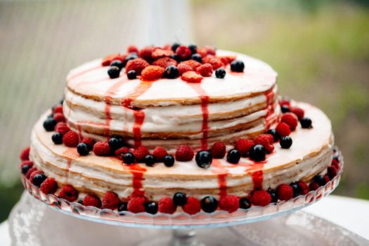 Blueberry currant crimson cake. Close-up side view