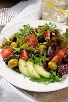 Summer salad - with avocado, olives, tomatoes in lettuce dressed, mustard-garlic sauce