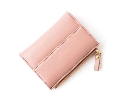 Closeup modern pink woman wallet on white background