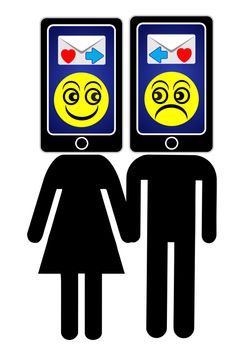 Concept sign of couple hooked on mobile phones exchanging messages