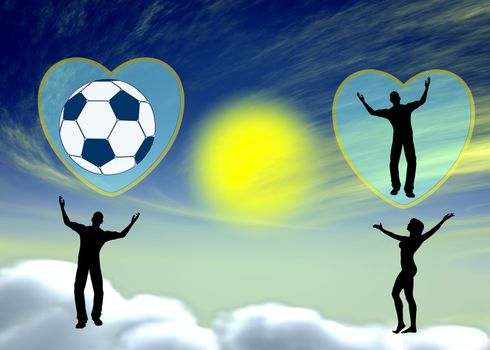 Satirical concept sign of couple in heaven on cloud nine with different passions, he loves football, she loves him