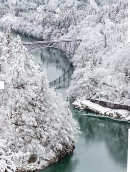 Winter landscape snow covered trees with train crossin River on Bridge