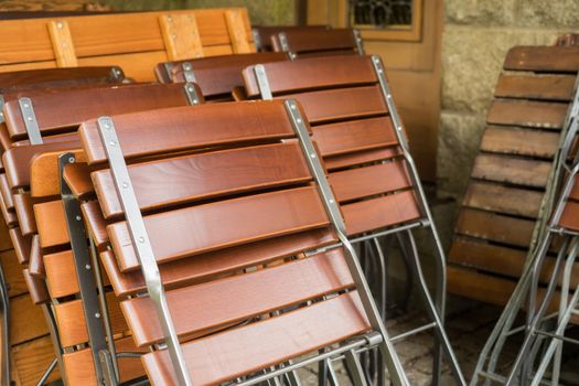 Stacked chairs of a restaurant