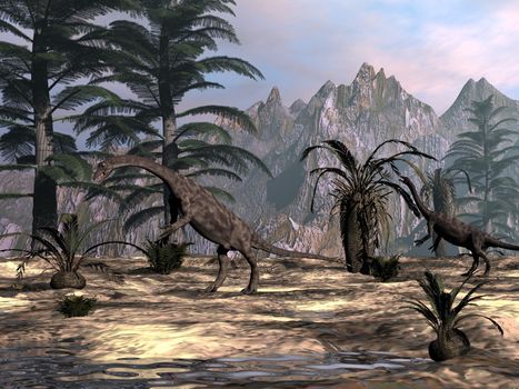 Two anchisaurus dinosaurs eating in the desert with cycads and tree - 3D render