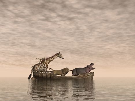 Wild animals safe on a wooden boat by sunset - 3D render