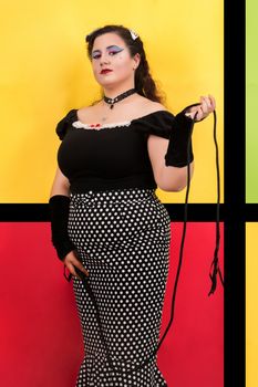 View of pinup vintage girl next to a colorful pop art backdrop.