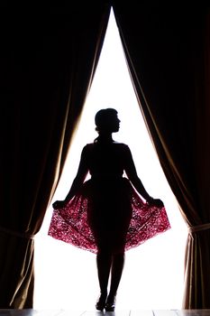 Silhouette of pinup girl with red dress next to a classic window.