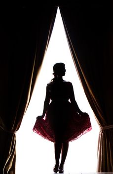 Silhouette of pinup girl with red dress next to a classic window.