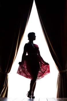 Silhouette of pinup girl with red dress next to a classic window.