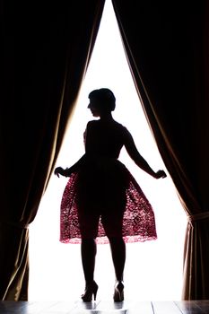 Silhouette of pinup girl with red dress next to a classic window.