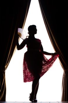 Silhouette of pinup girl with red dress next to a classic window.