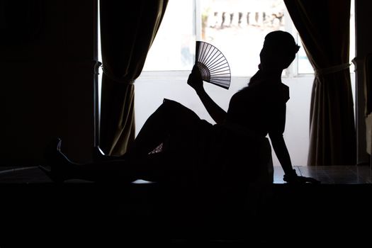 Silhouette of pinup girl with red dress next to a classic window.