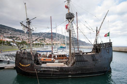 View of an amazing Replica of a Portuguese Caravel vessel, that pioneered the Atlantic sea travels during the Navigation Discovery Era.