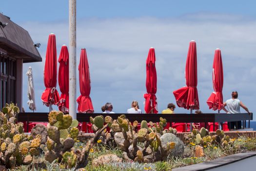 View of a Coastal Bar in Porto Moniz where tourists relax.
