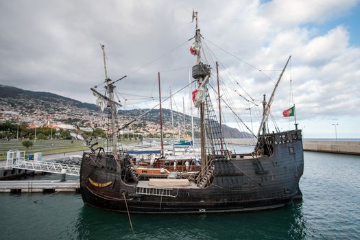View of an amazing Replica of a Portuguese Caravel vessel, that pioneered the Atlantic sea travels during the Navigation Discovery Era.