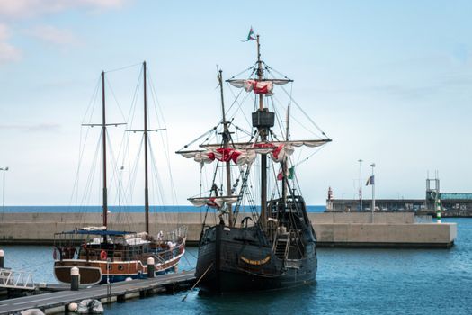 View of an amazing Replica of a Portuguese Caravel vessel, that pioneered the Atlantic sea travels during the Navigation Discovery Era.