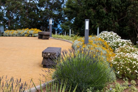 View of a beautiful Urban park with benches in Cabo Girao, Madeira.